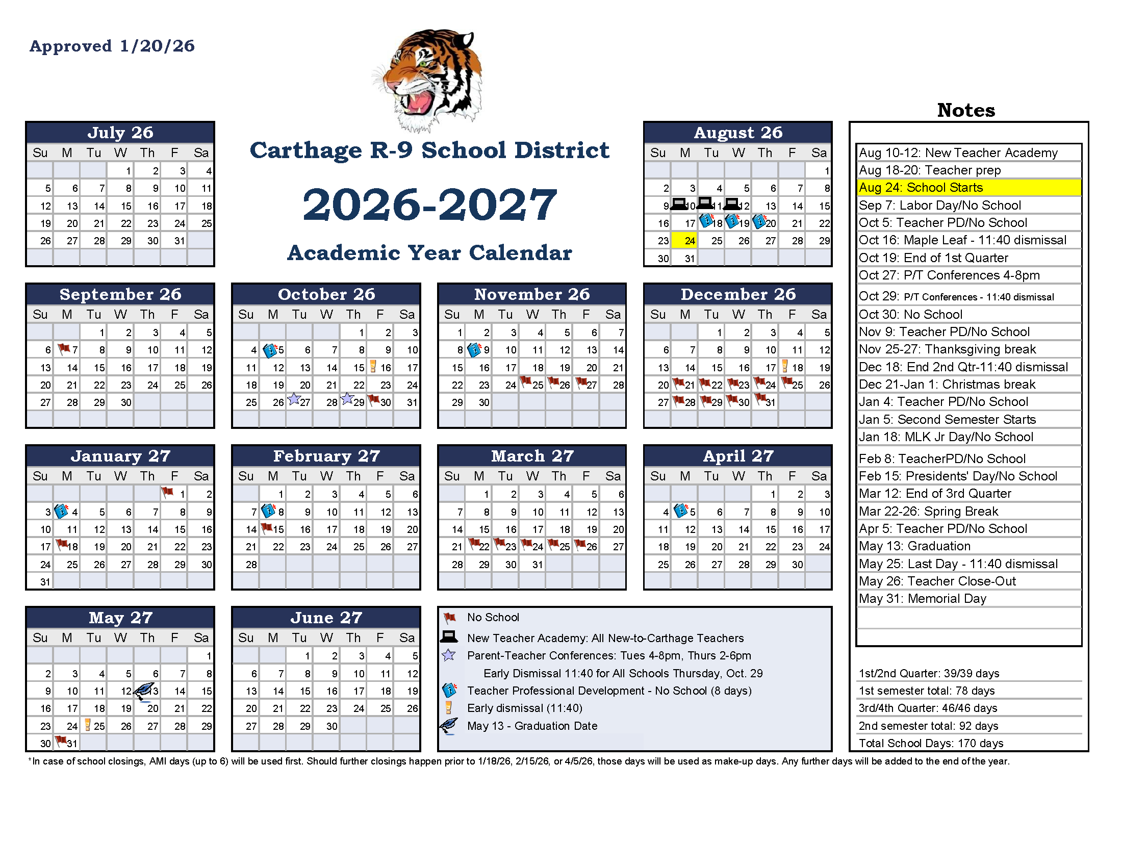 2026 - 2027 School Calendar